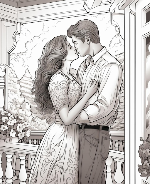 página de colorear de un hombre y una mujer besándose en un balcón generativo ai