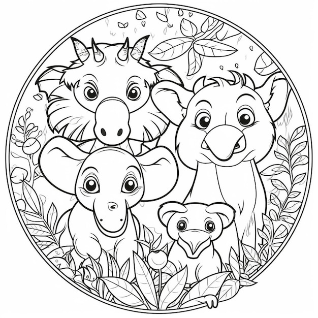 una página para colorear con una imagen de una familia de animales ai generativo