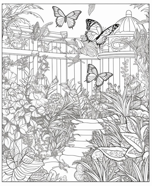 Una página para colorear de un jardín con una mariposa y una valla.