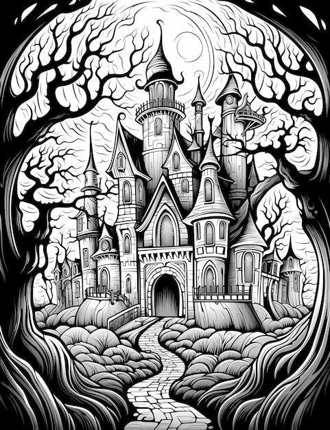 Foto página de colorear libro halloween mansión embrujada negro y blanco