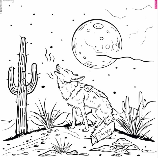 Foto una página para colorear de un lobo aullando a la luna generativo ai