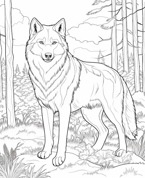 Una página para colorear de un lobo parado en el bosque generativo ai