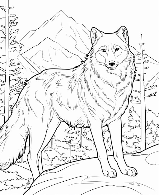 Una página para colorear de un lobo parado en el bosque generativo ai