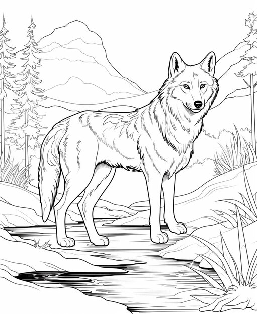 Una página para colorear de un lobo parado en un tronco en el bosque generativo ai
