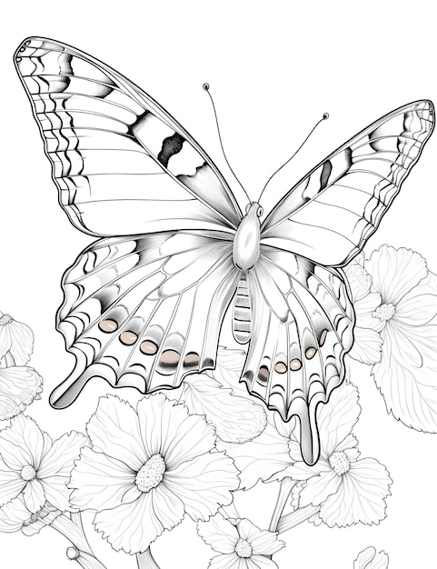 Foto página para colorear mariposa con flores para niños