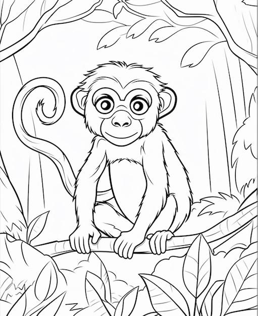 Una página para colorear de un mono sentado en la rama de un árbol ai generativo