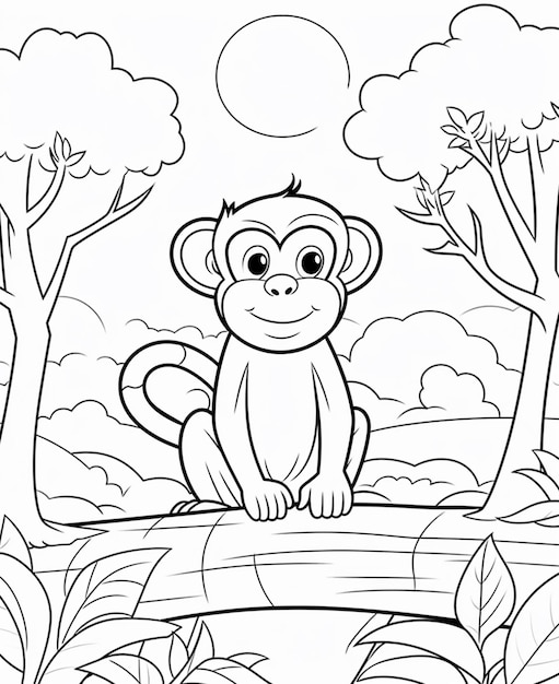 Una página para colorear de un mono sentado en un tronco en la jungla ai generativo