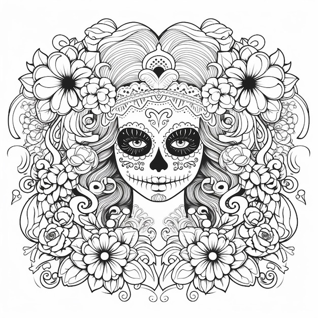 Una página para colorear con una mujer con una calavera de azúcar y flores ai generativo