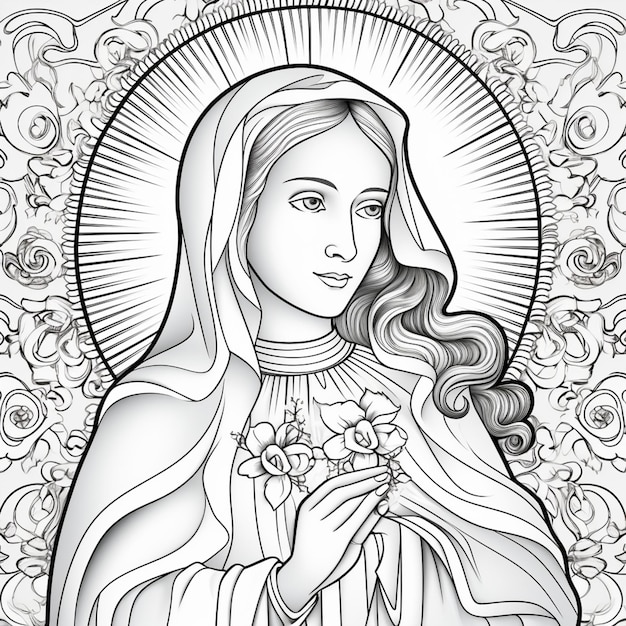 Foto una página para colorear de una mujer con un rosario y flores generativo ai