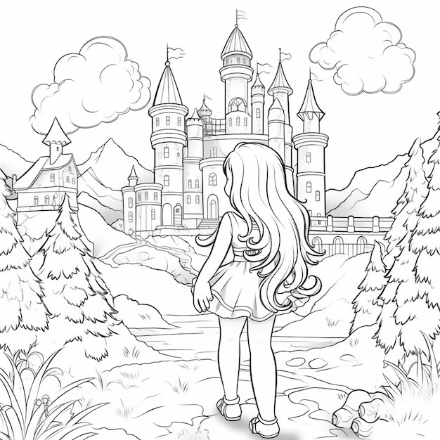 una página para colorear de una niña mirando un castillo en el bosque ai generativo