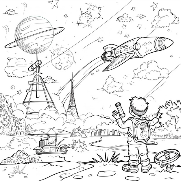 Foto una página para colorear de un niño con un cohete y una nave espacial generativa ai