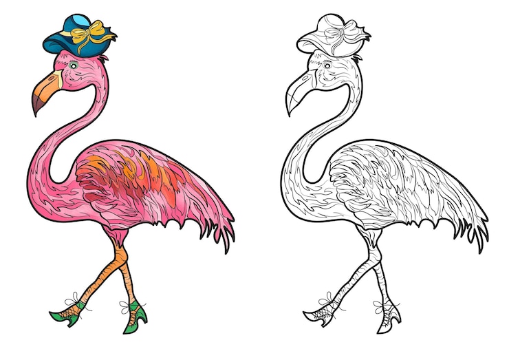 Foto página para colorear para niños aves del bosque flamingo de dibujos animados