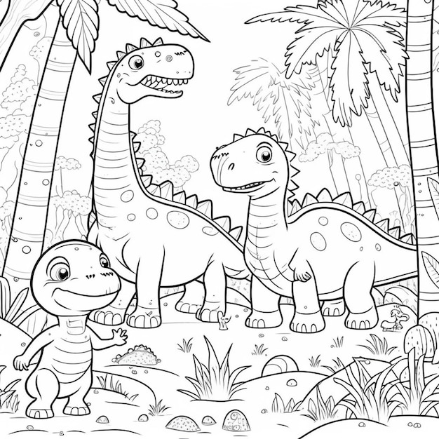 página para colorear para niños el dinosaurio en una jungla