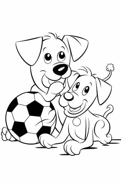 Página para colorear para niños con dos perros jugando al fútbol en formas simples y grandes