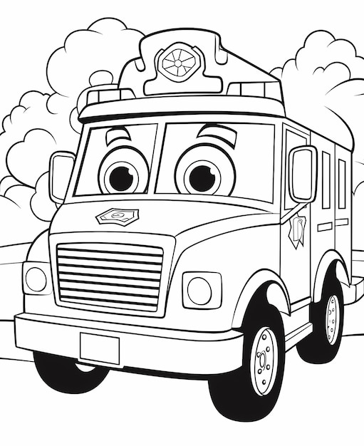 Foto página para colorear para niños estilo de dibujos animados de ambulancia arte lineal simple en blanco y negro