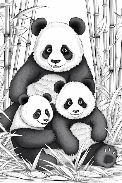 Página para colorear para niños de la familia Panda con el bosque de bambú y el lindo bebé panda