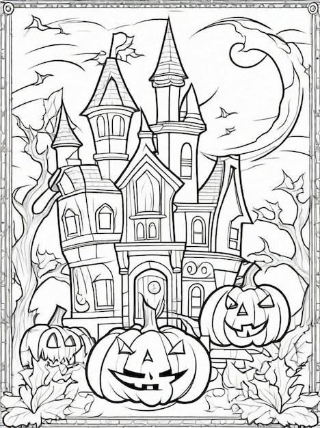 Foto página para colorear para niños halloween aterrador y guapo castillo de calabaza y luna