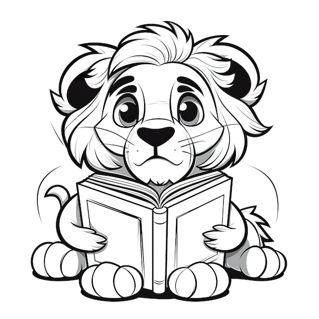 Foto página para colorear para niños de un león con un libro abierto en blanco y descargable para que lo completen