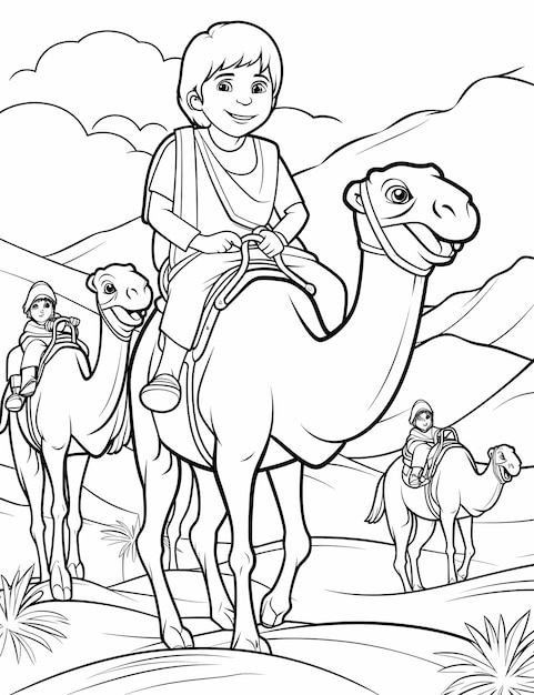 página de colorear para niños de Niños Niños montando camellos a través del desierto egipcio