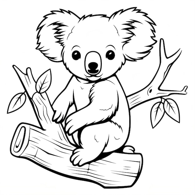 Foto página para colorear para niños de un oso koala en una rama de árbol