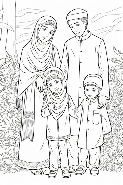 Página para colorear de niños de padres musulmanes y sus hijos halaman mewarnai keluarga musulmán
