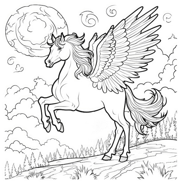 Página para colorear para niños unicornio caballo ala en el cielo