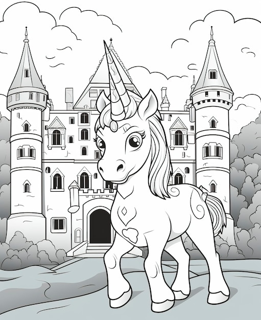 Página para colorear para niños unicornio frente a un castillo