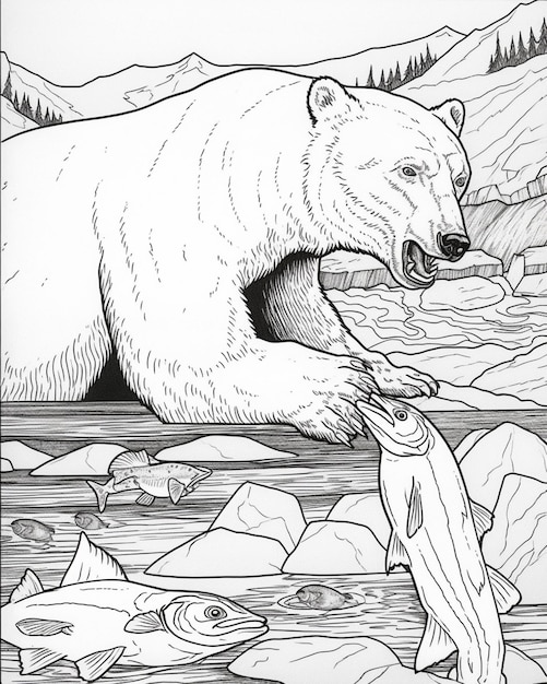 Página para colorear de un oso comiendo un pez en un río ai generativo.