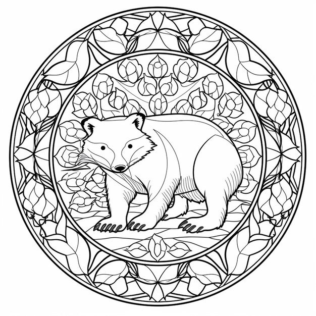 una página para colorear de un oso polar en un círculo de vidrieras ai generativo