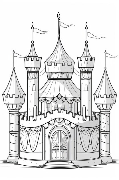 Página de colorear de palacio de cuentos de hadas estilo dibujos animados en blanco y negro ilustración del palacio de fantasía