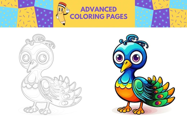 Foto página para colorear pavo real con ejemplos coloreados para niños libro para colorear