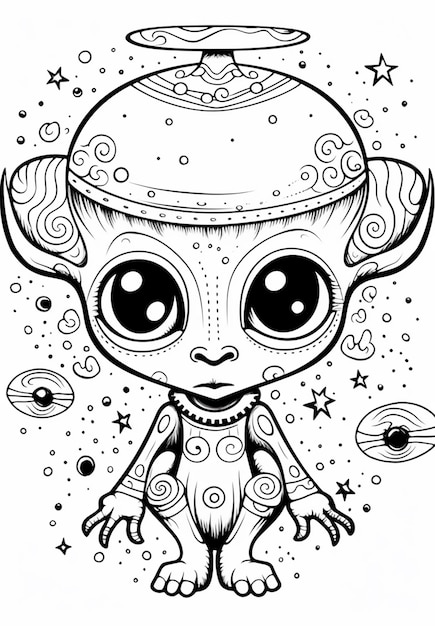 Foto una página para colorear de un pequeño alienígena con un sombrero y una estrella generativa ai