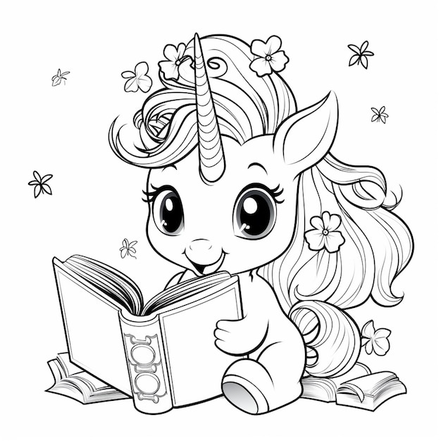 Foto una página para colorear de un pequeño pony leyendo un libro ai generativo