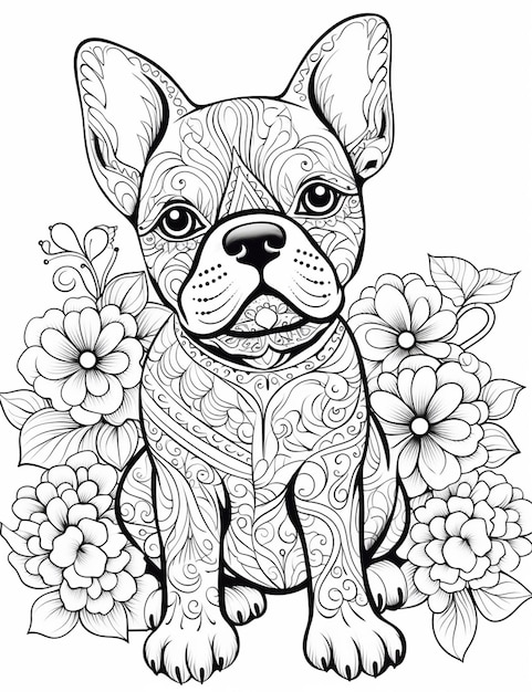 una página para colorear con un perro rodeado de flores generativo ai