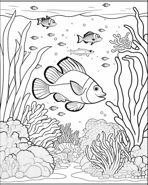 Foto una página para colorear con un pez y corales en el agua generativo ai