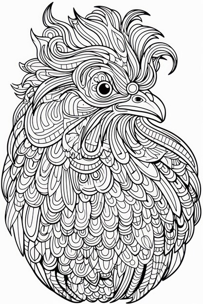 Foto página para colorear pollo con elemento de mandala en un estilo de arte de línea dibujado a mano para niños