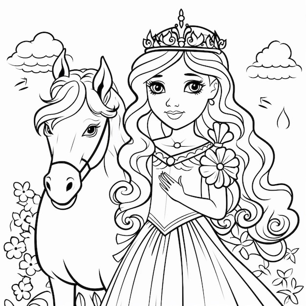 Foto una página para colorear de una princesa y su caballo generativo ai