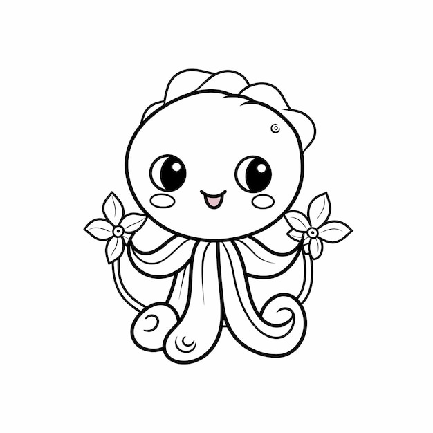 Foto página para colorear pulpo de dibujos animados minimalista con flores para niños simple