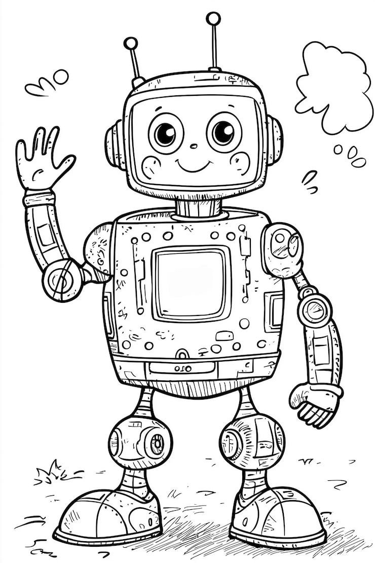 Foto página para colorear de un robot amistoso para niños