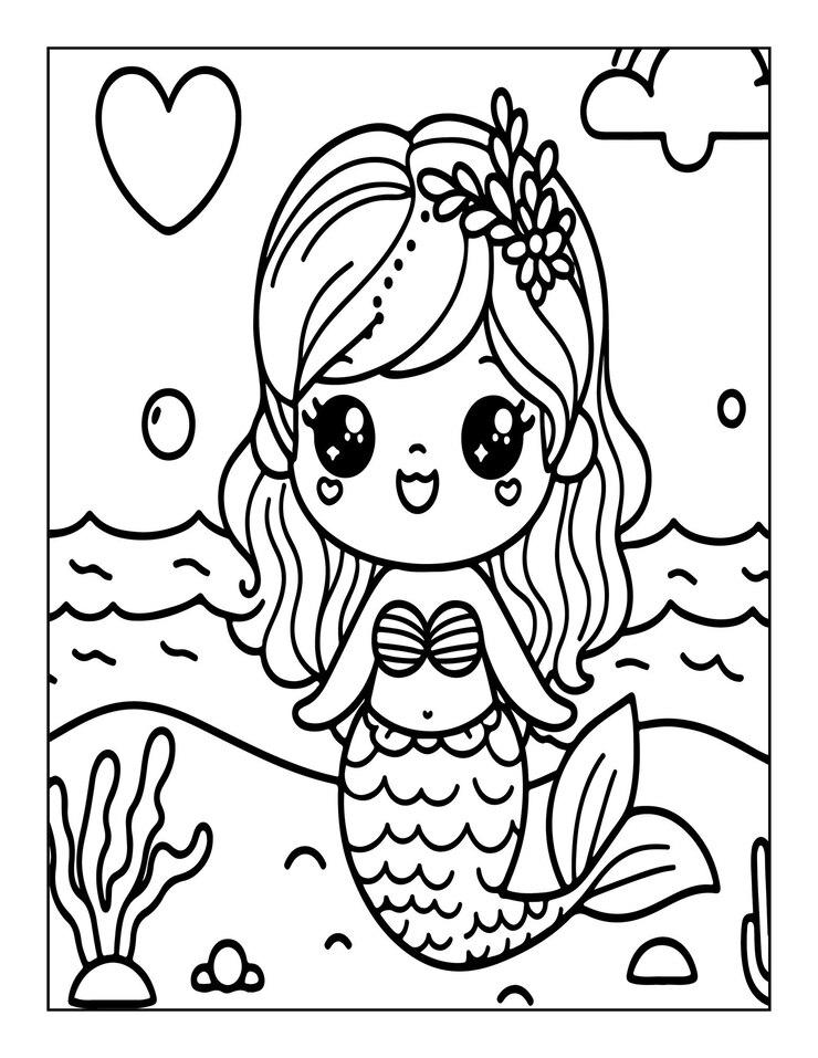 página de colorear sirena linda para niños ai generado