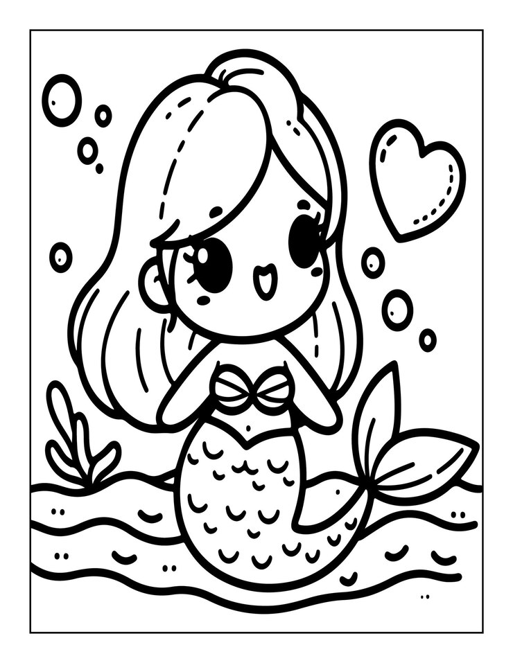 página de colorear sirena linda para niños ai generado