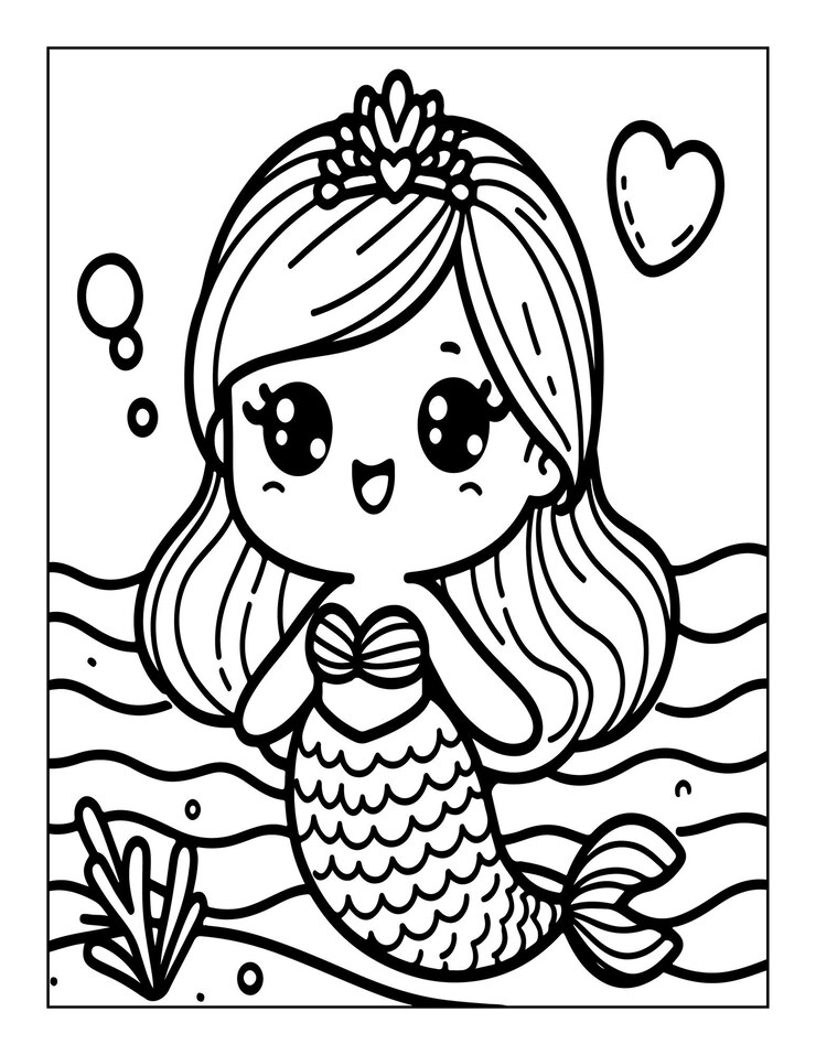 página de colorear sirena linda para niños ai generado