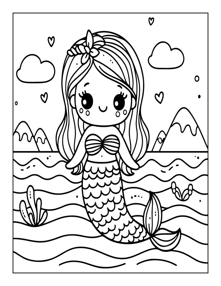 página de colorear sirena linda para niños ai generado
