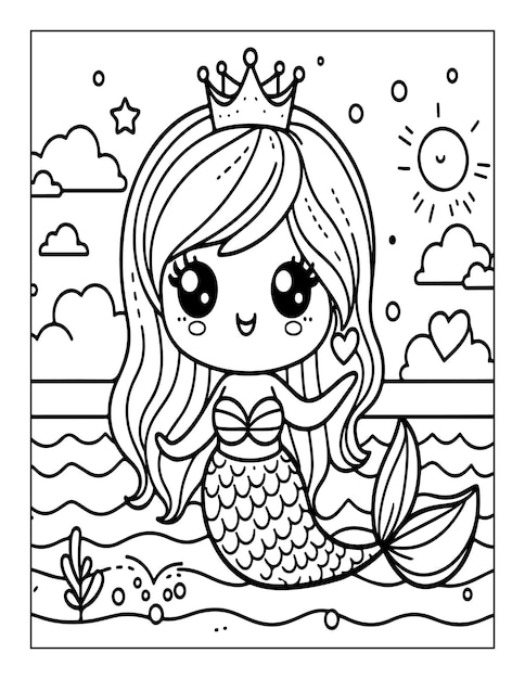 página de colorear sirena linda para niños ai generado