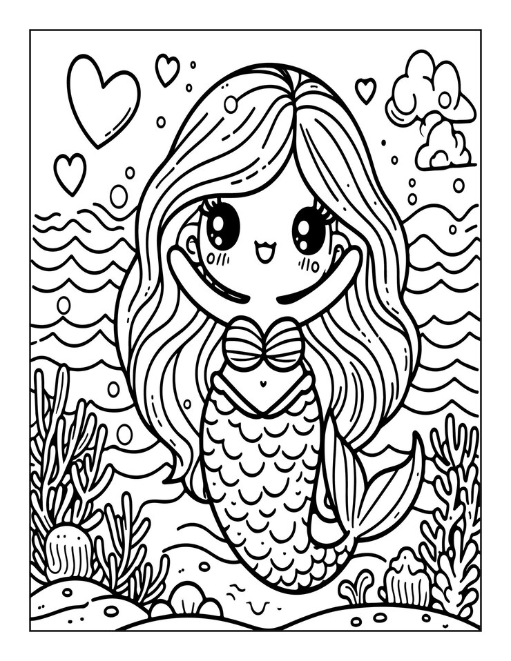 página de colorear sirena linda para niños ai generado