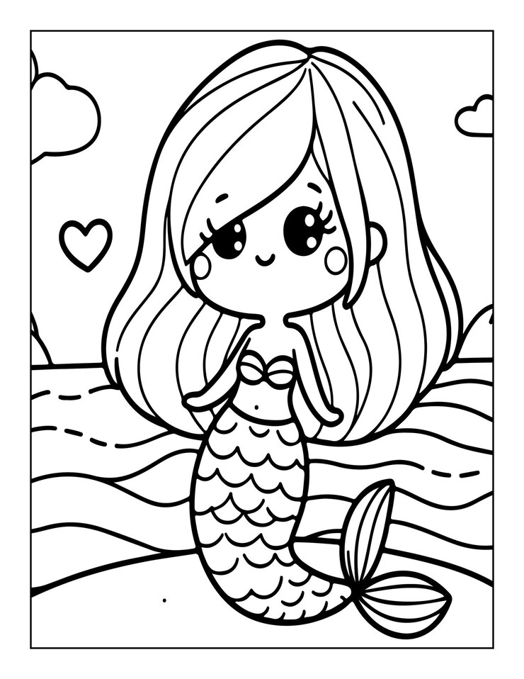 página de colorear sirena linda para niños ai generado