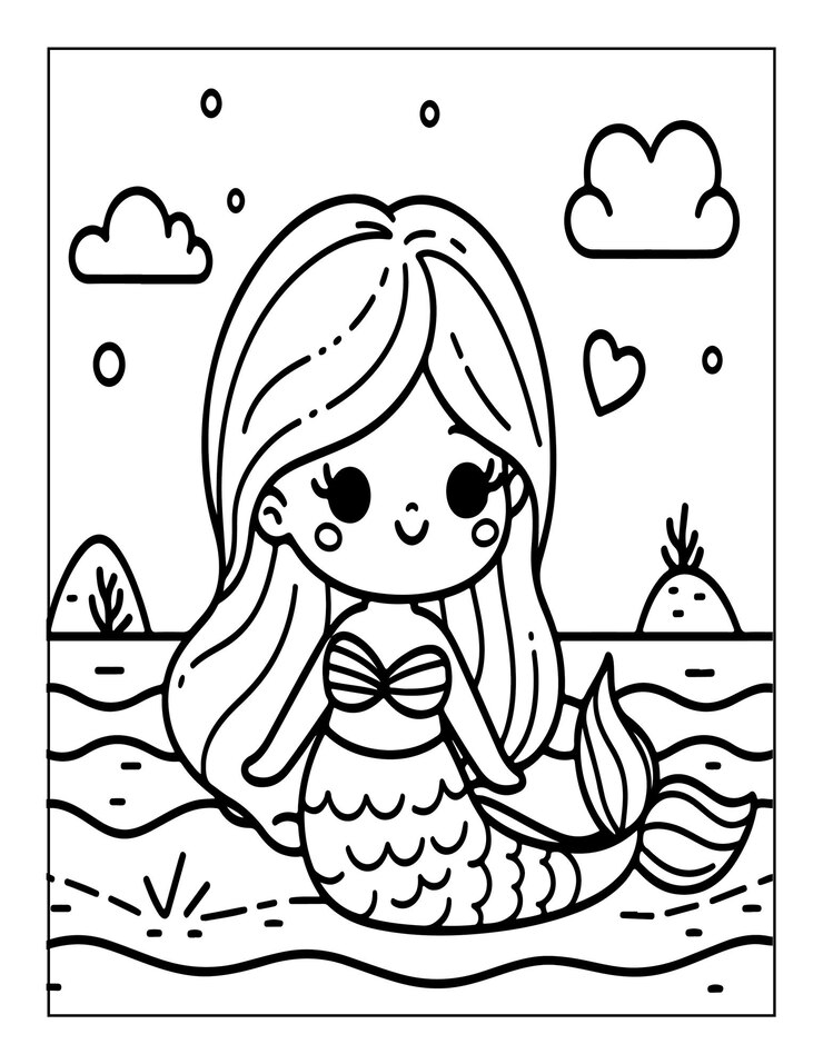página de colorear sirena linda para niños ai generado