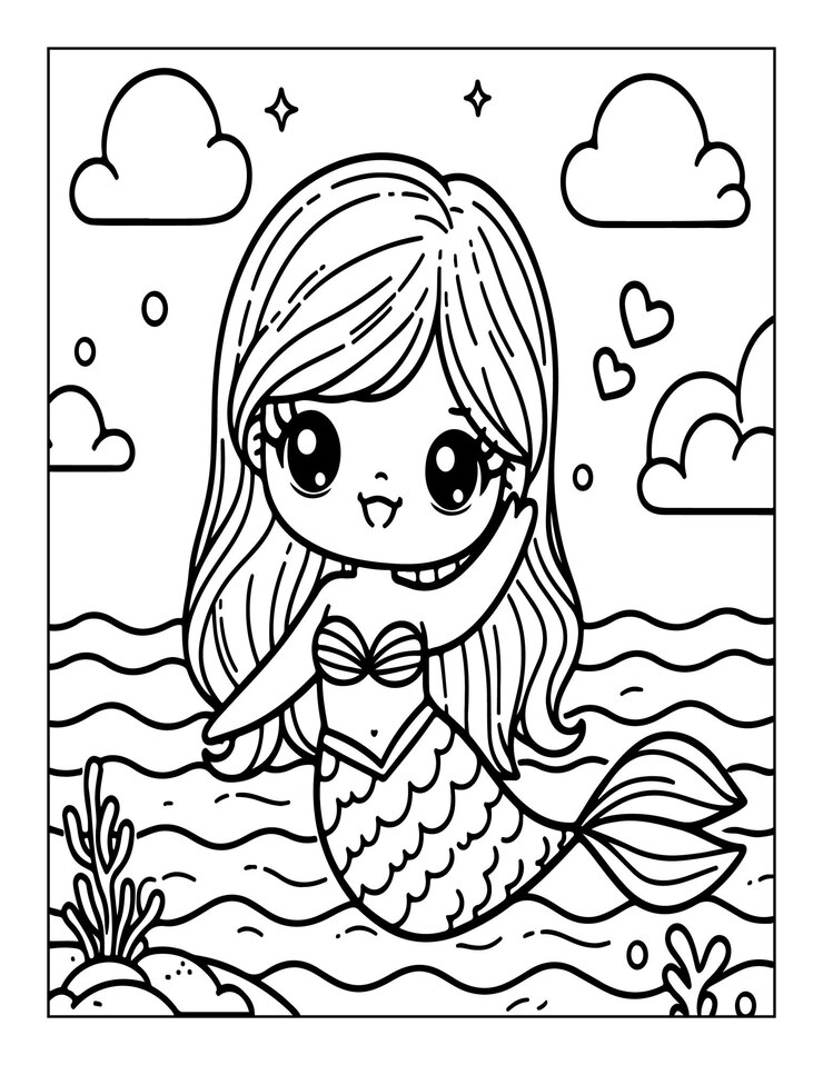 página de colorear sirena linda para niños ai generado