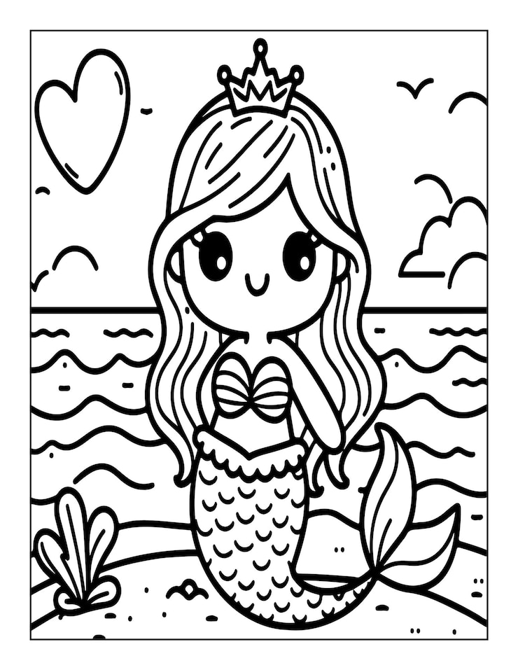página de colorear sirena linda para niños ai generado