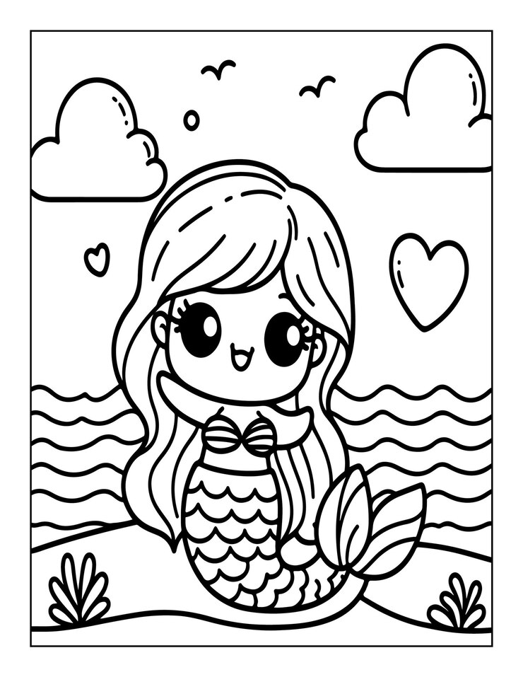 página de colorear sirena linda para niños ai generado